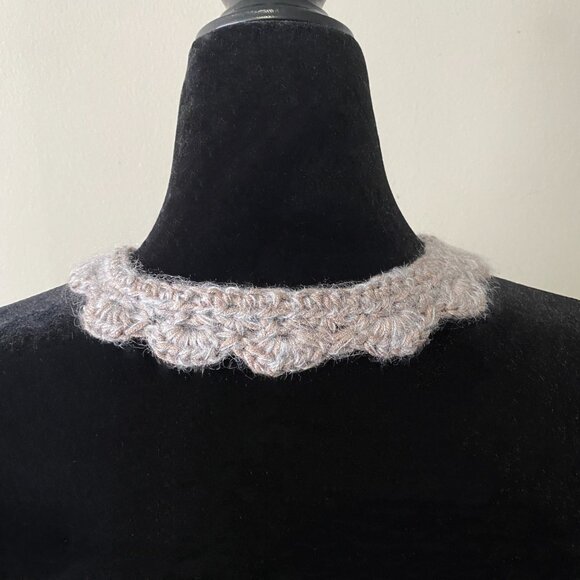 Handmade Crochet Taupe Silvery Blue Poly Mohair Wool Collar Neckwear Accessory - Picture 4 of 6